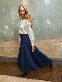 Dark-Blue Denim Flared Maxi Skirt