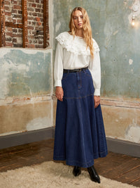 Petite Denim Flared Maxi Skirt