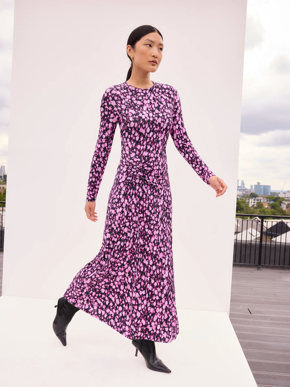 Petite Ruched Batik-Print Midaxi Dress