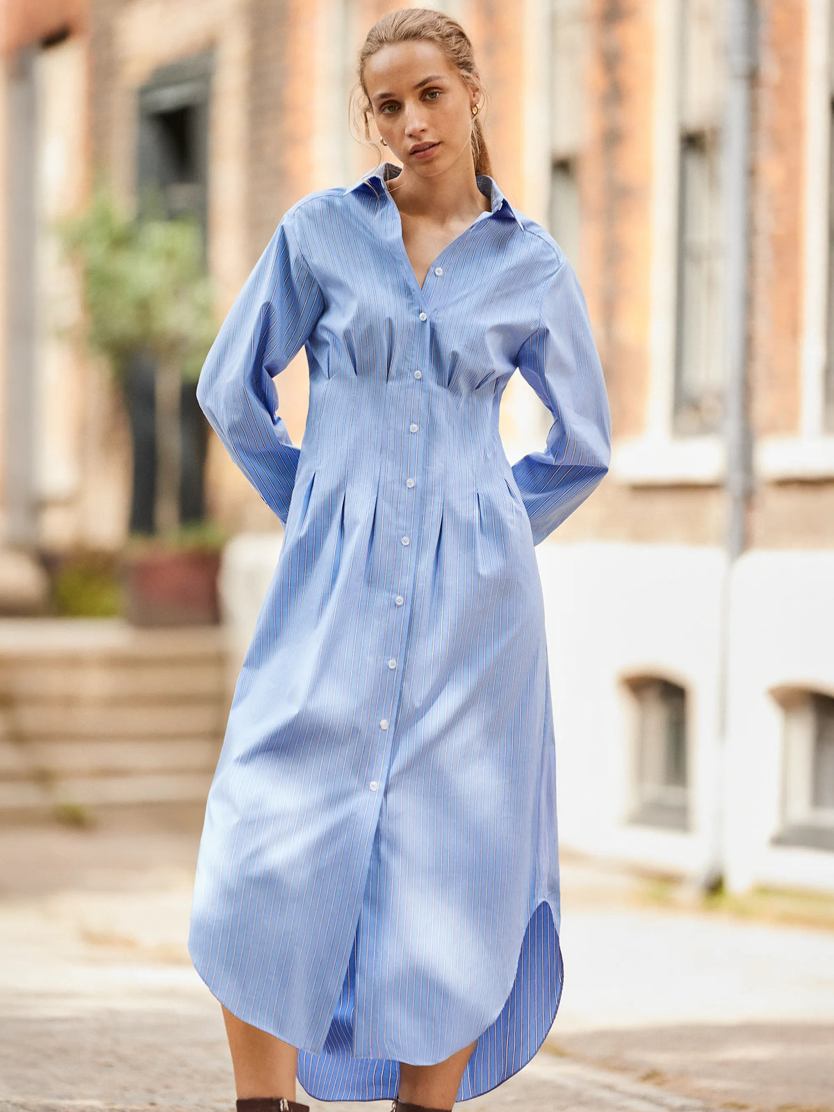 Blue Striped Midi Shirt Dress