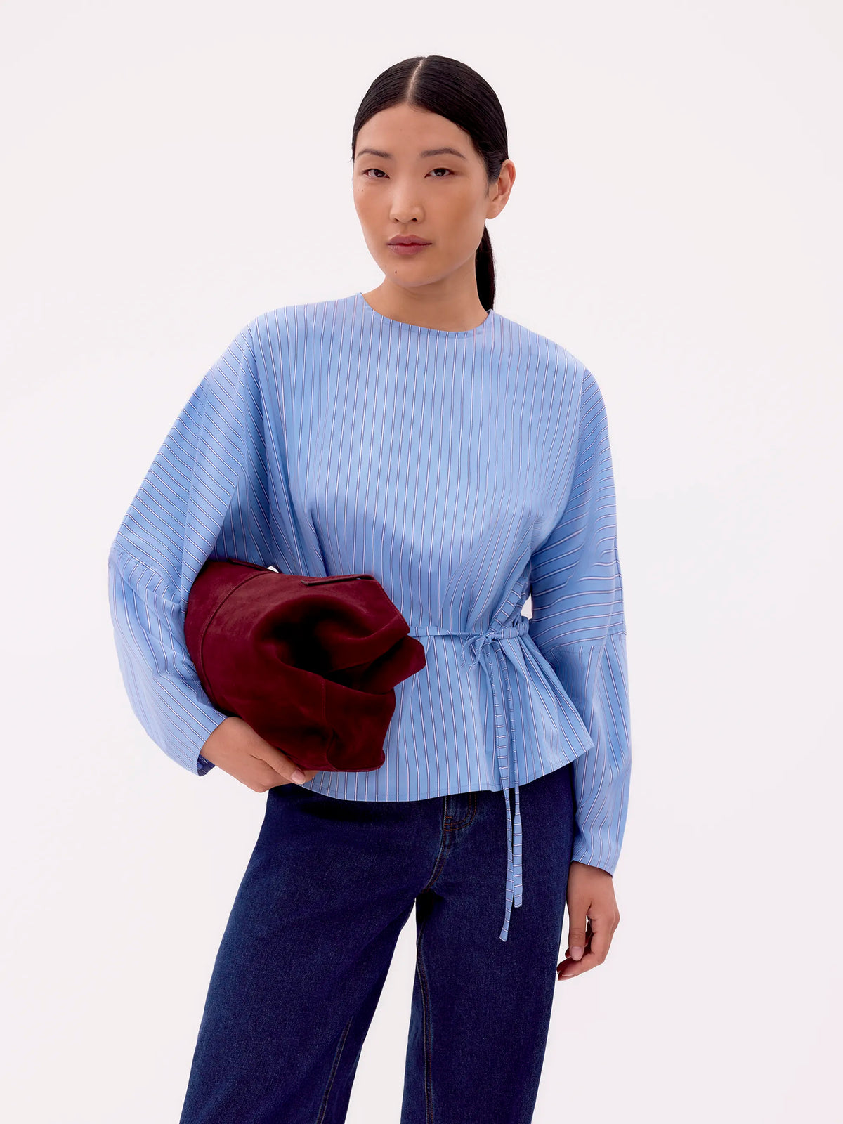 Blue Stripe Tie Waist Blouse