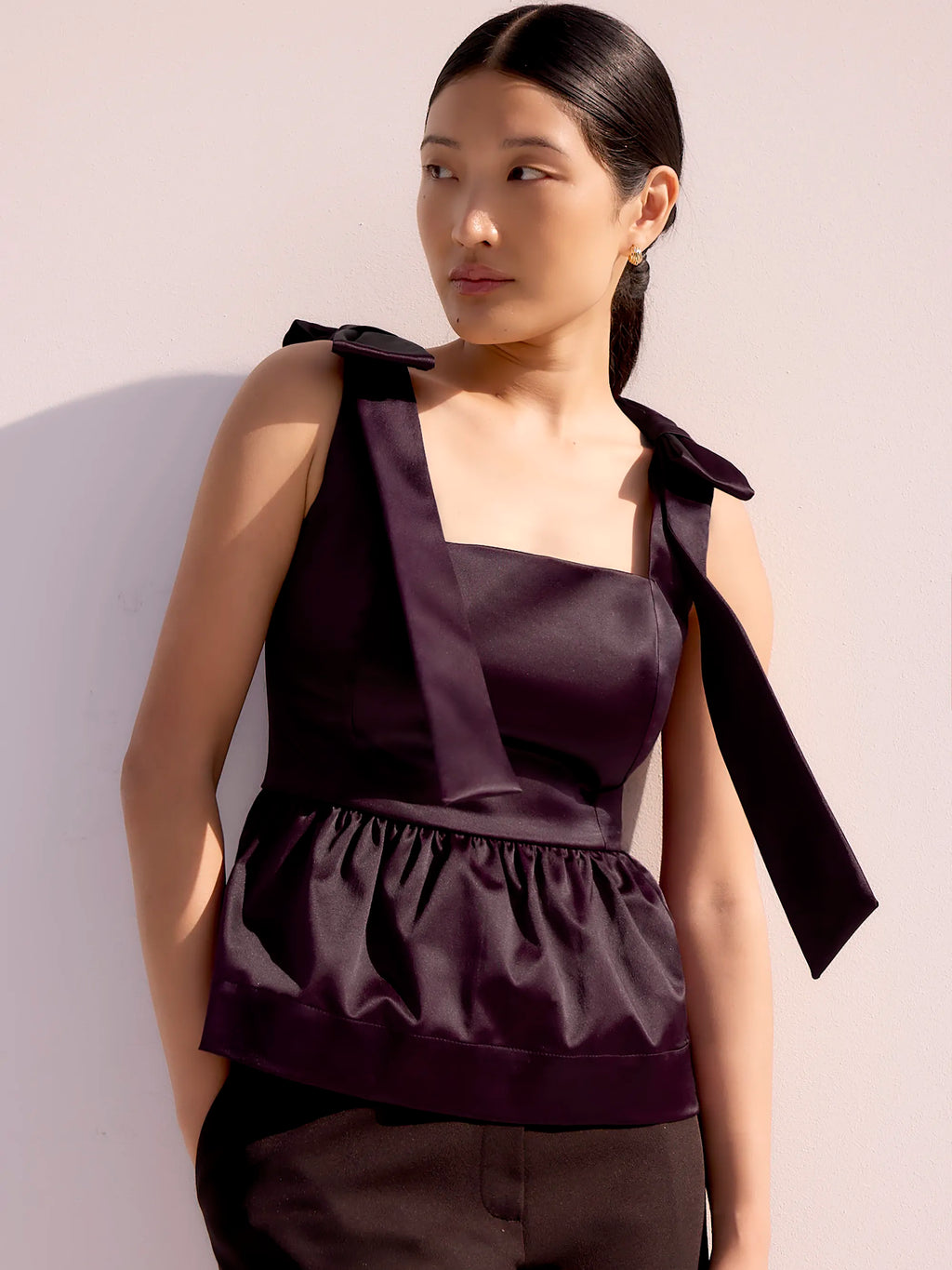 Burgundy Bow-Detail Peplum Satin Top – Ro&Zo