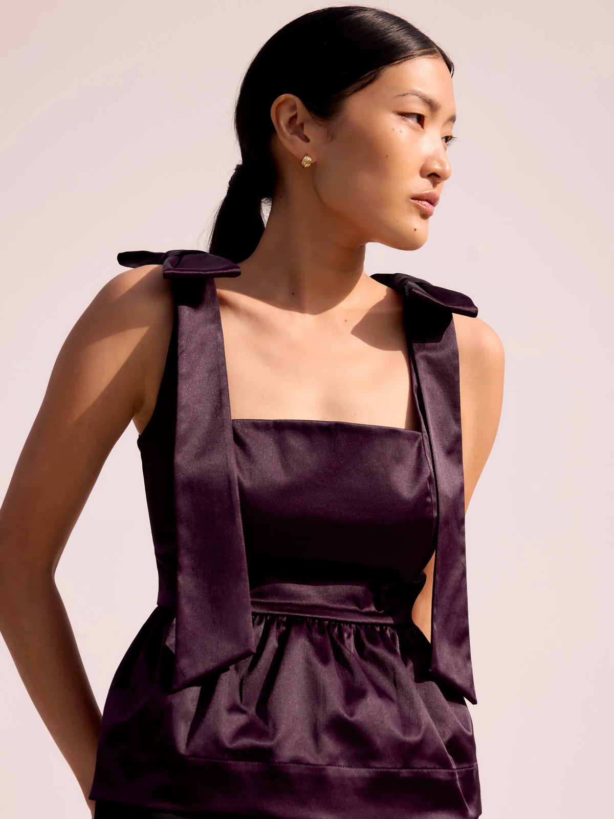 Burgundy Bow-Detail Peplum Satin Top