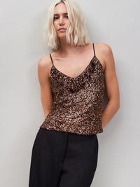 Brown Ruffle Neckline Sequin Cami Top