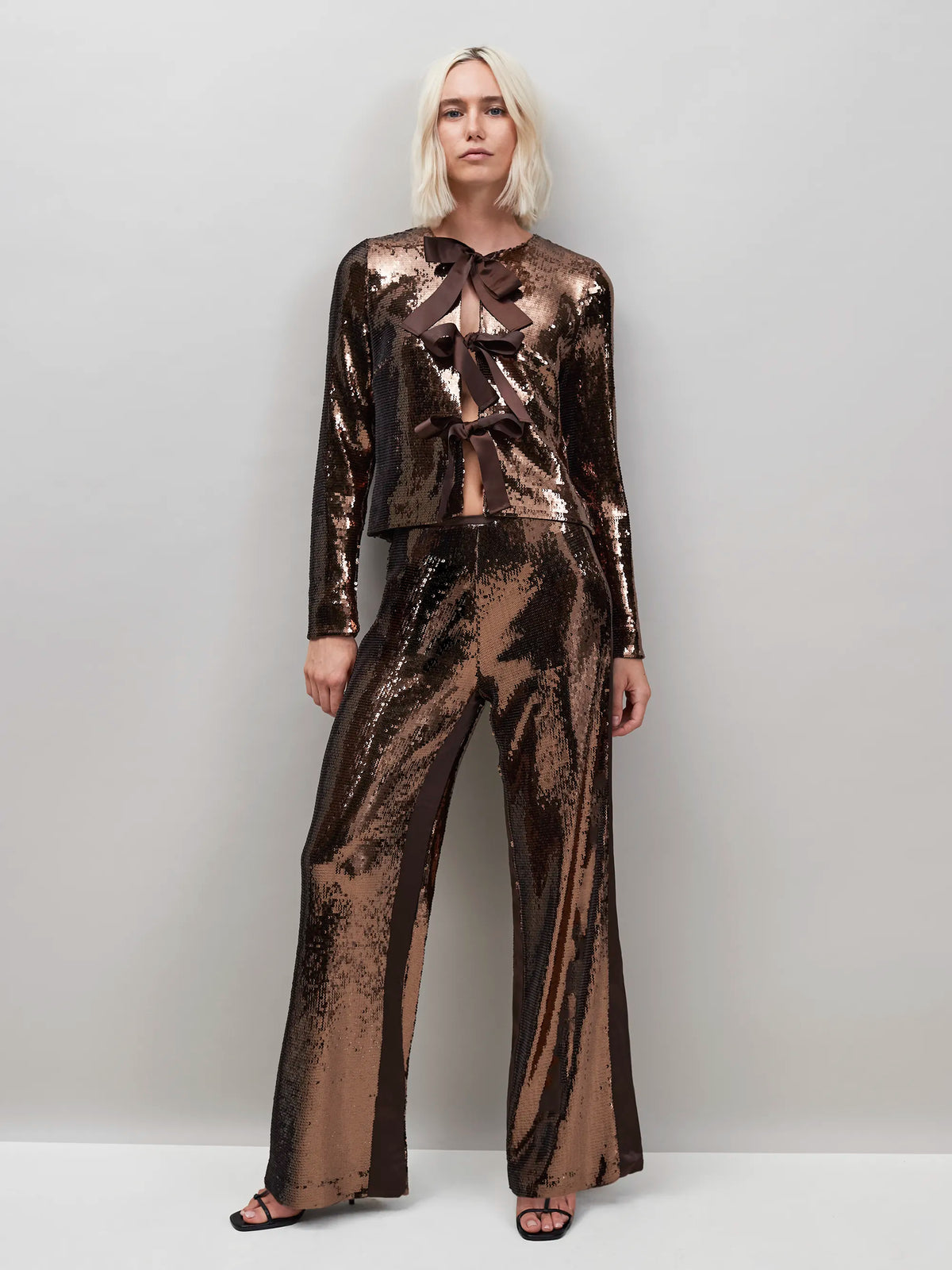 Brown Bow Front Sequin Jacket