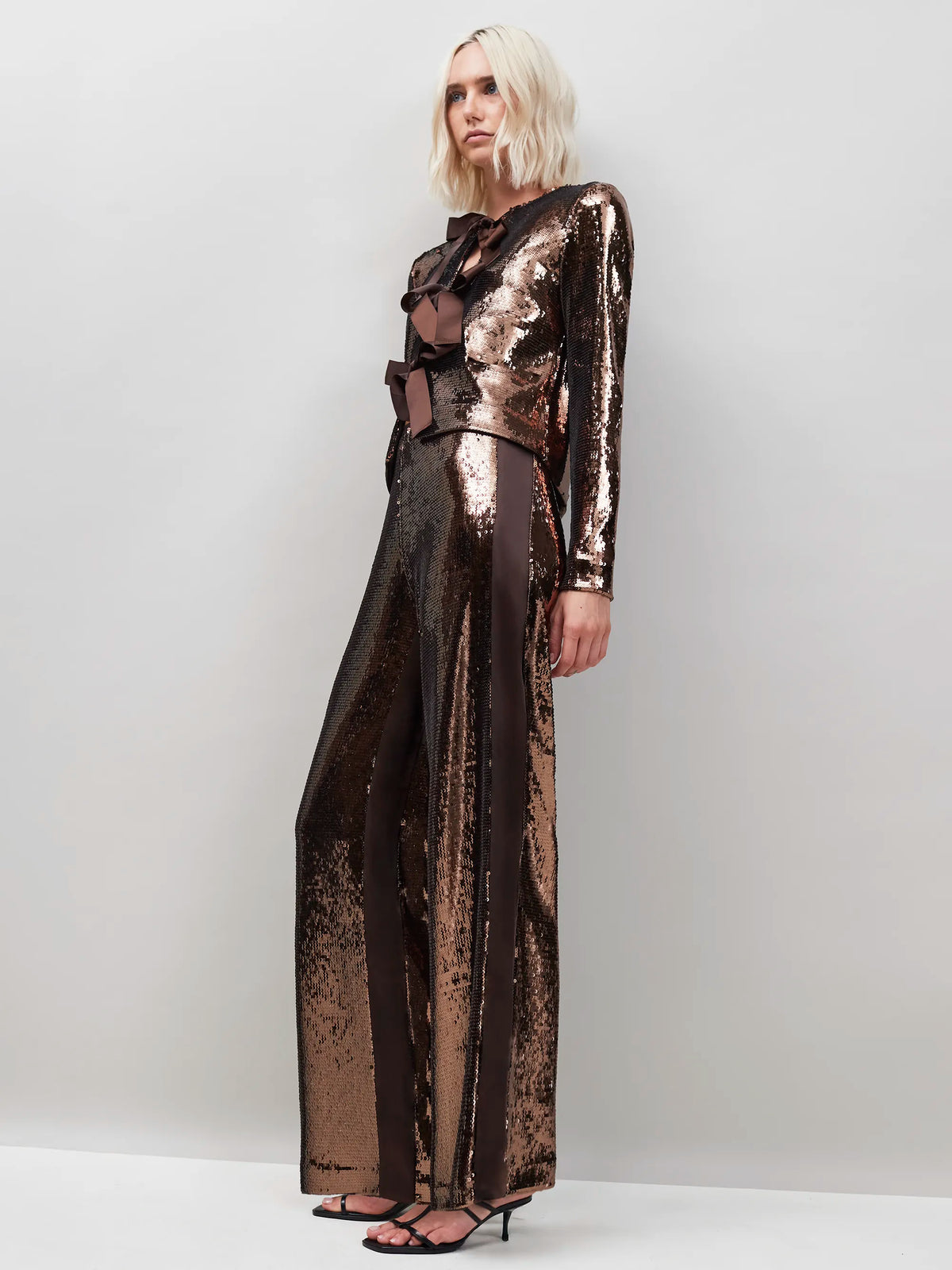 Brown Sequin Satin Contrast Trousers