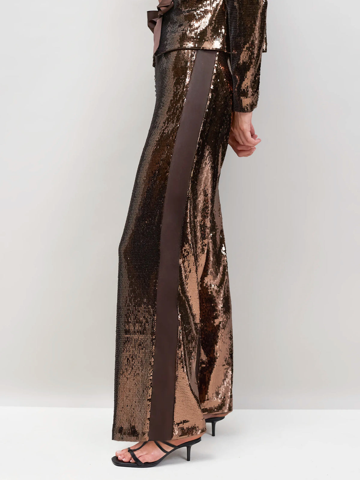 Brown Sequin Satin Contrast Trousers
