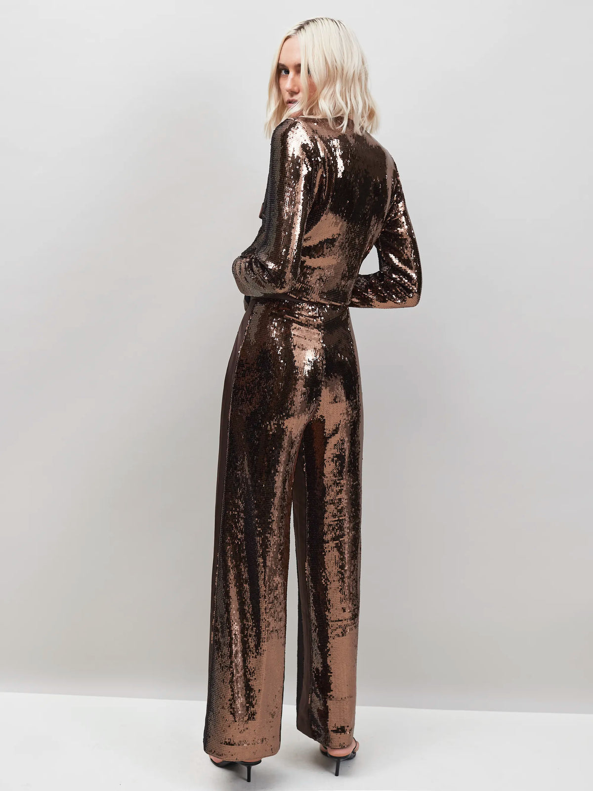 Brown Sequin Satin Contrast Trousers