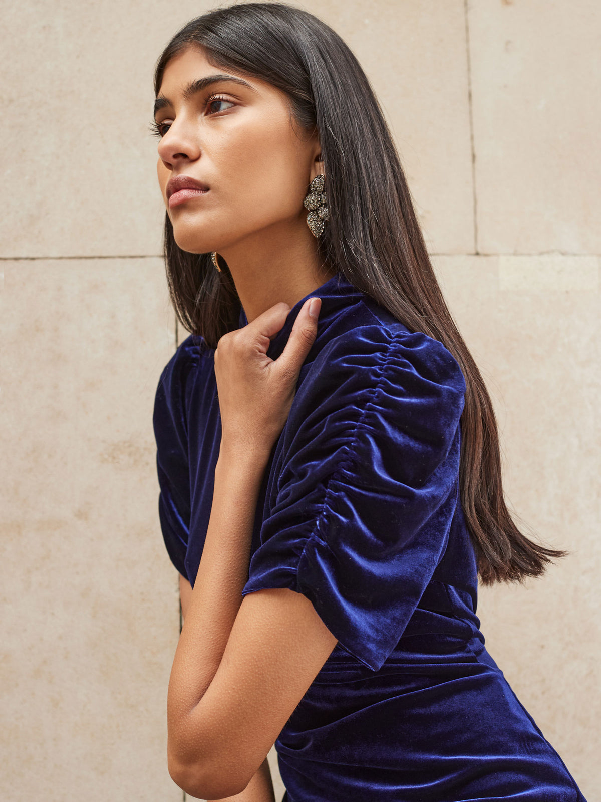 Harriet Blue Velvet Puff Sleeve Dress