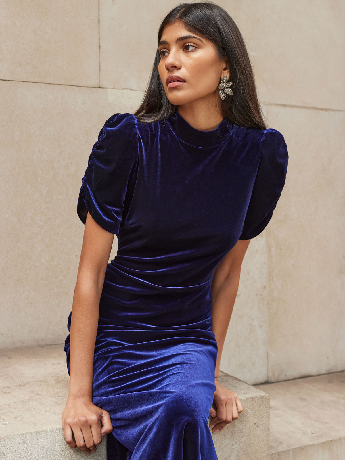 Harriet Blue Velvet Puff Sleeve Dress