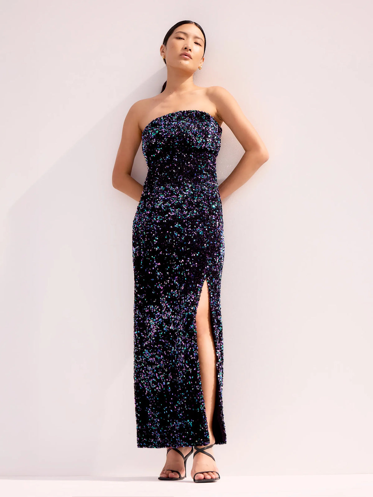 Petite Blair Blue Cluster Sequin Bandeau Maxi Dress