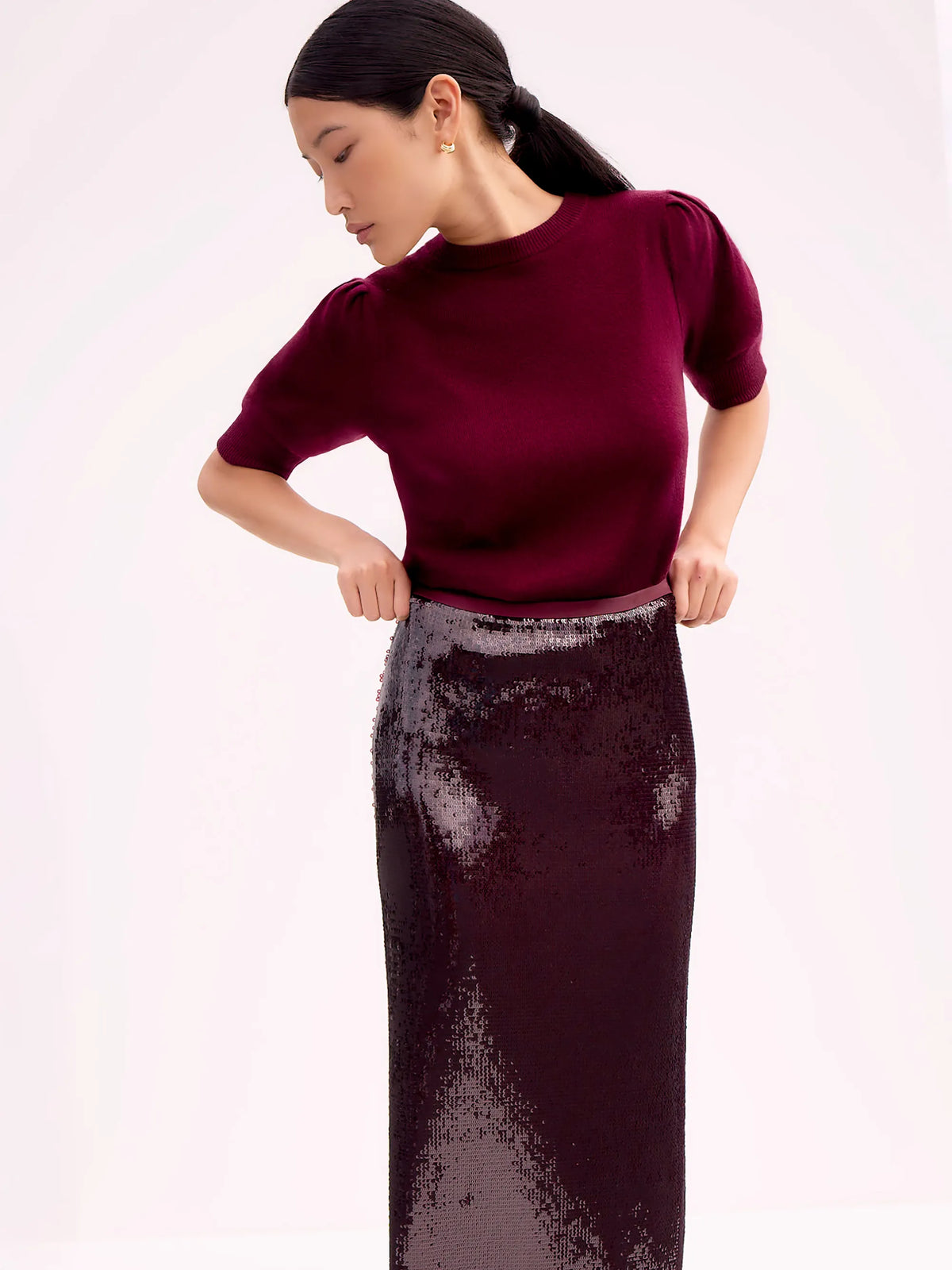 Petite Burgundy Liquid Sequinned Skirt