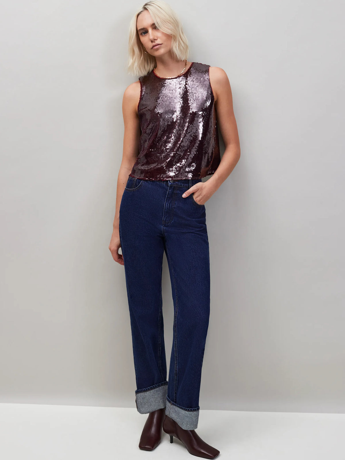 Wine Sequin Shell Top
