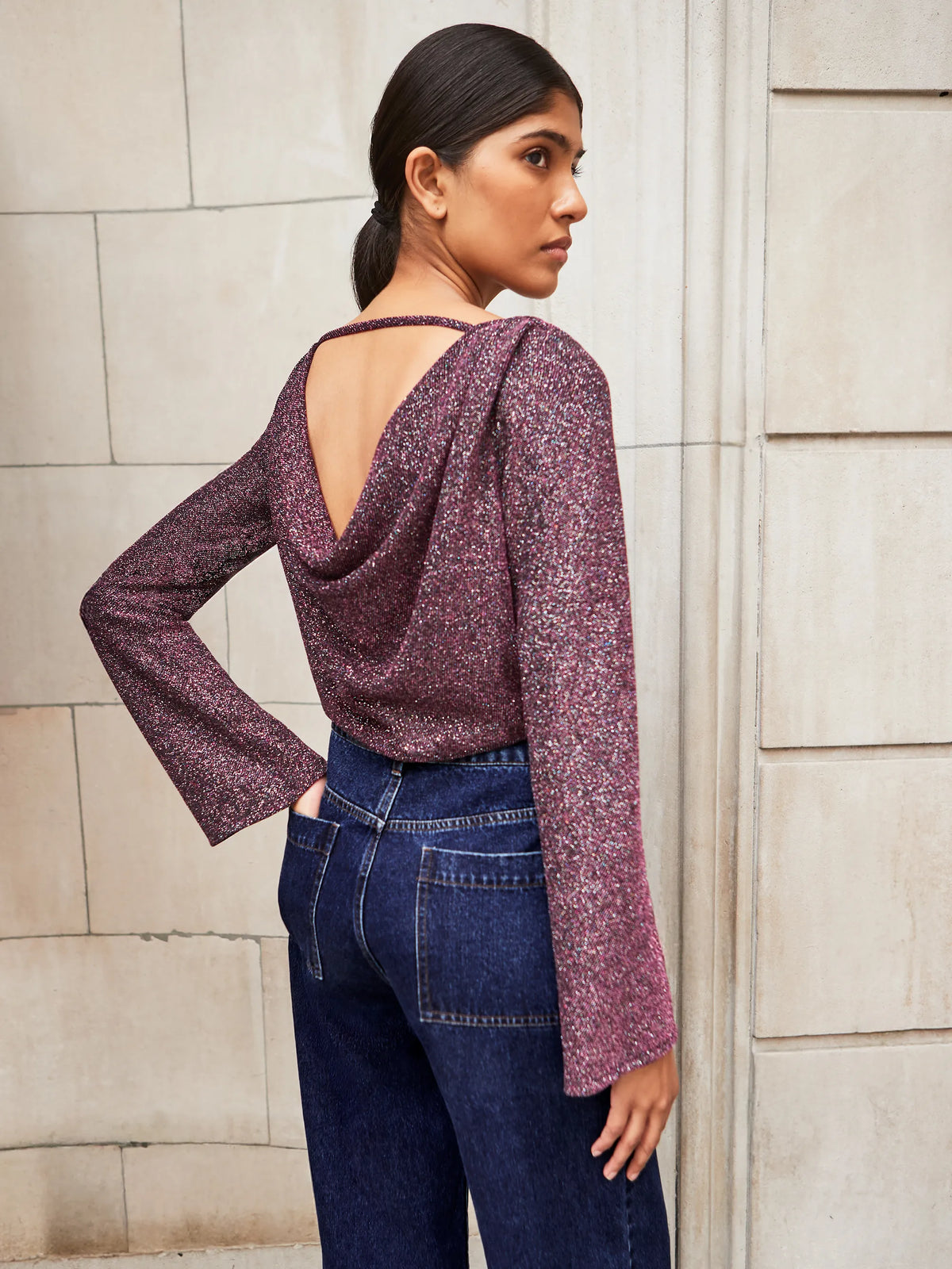 Pink Cowl-Neck Sparkle Jersey Top