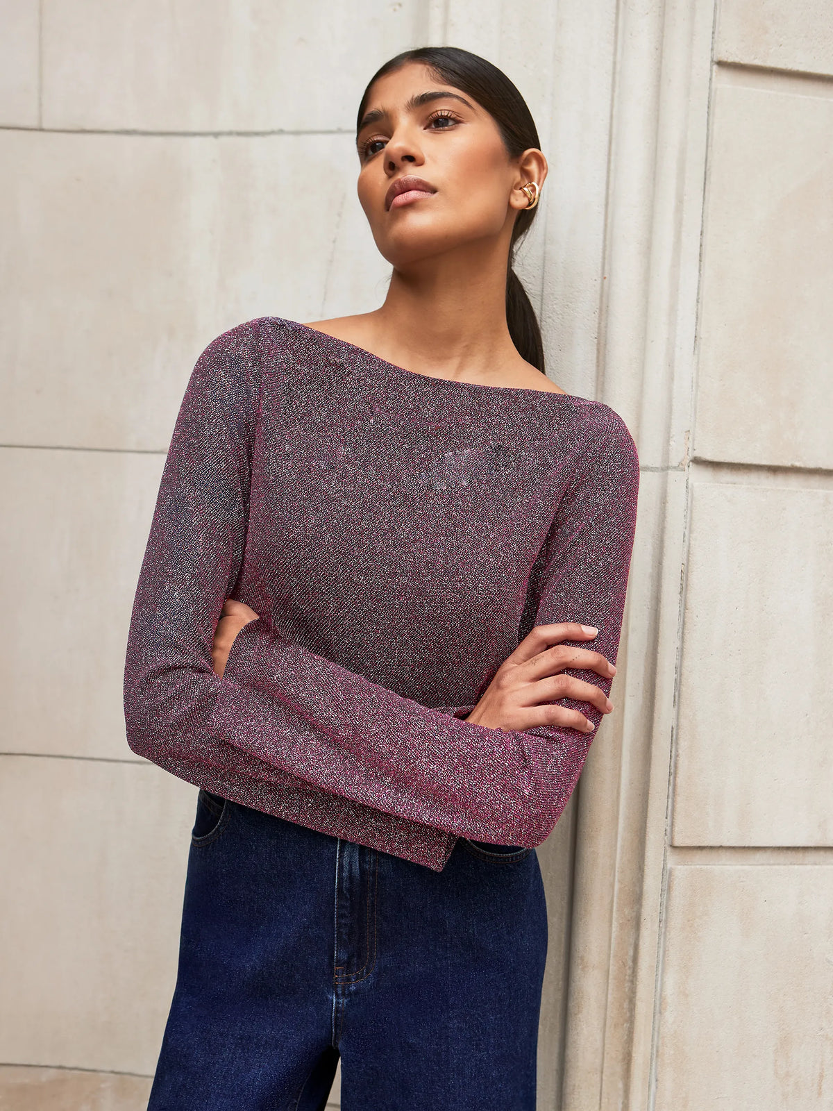 Pink Cowl-Neck Sparkle Jersey Top