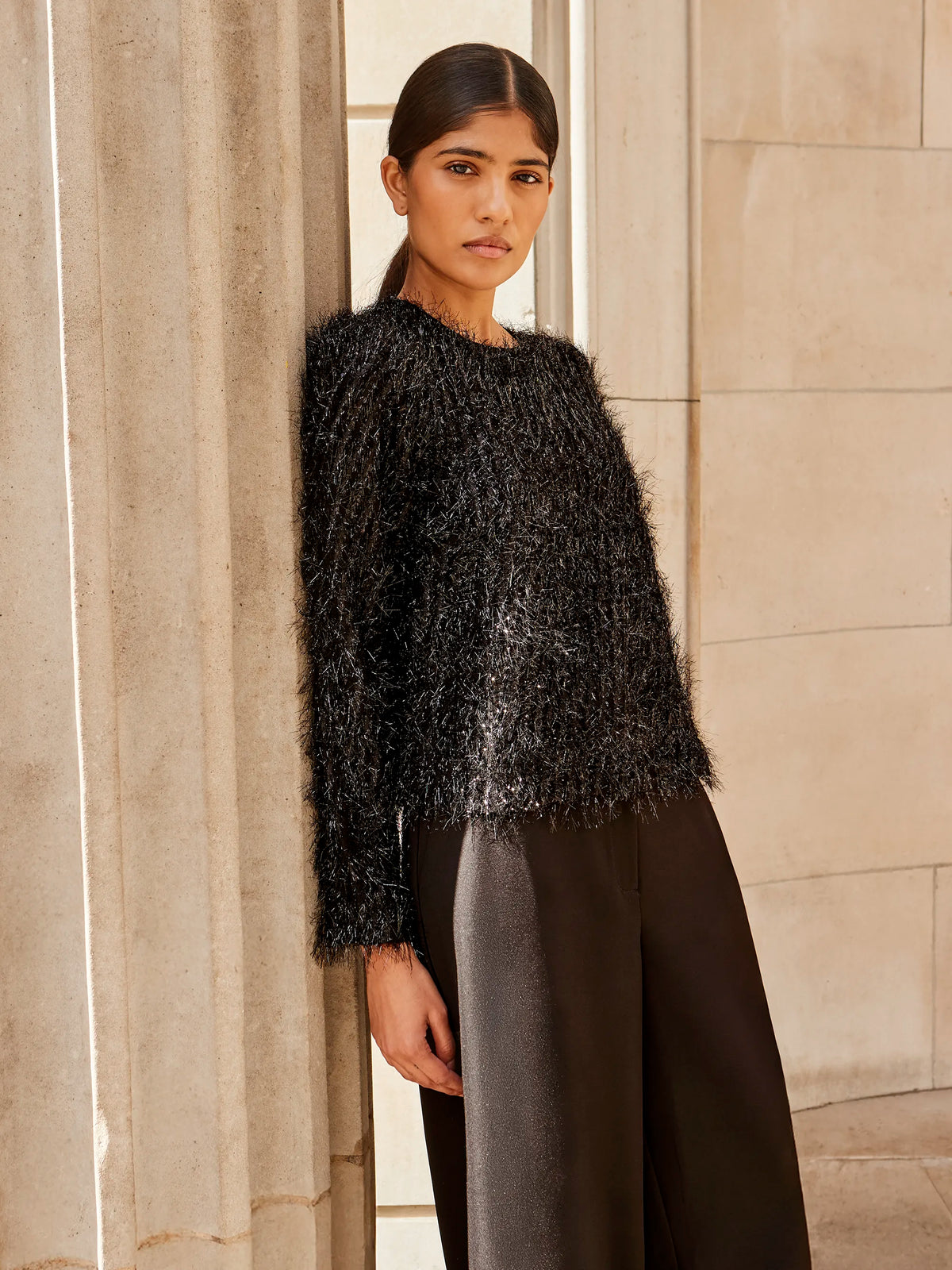 Black Tinsel Long-Sleeved Top