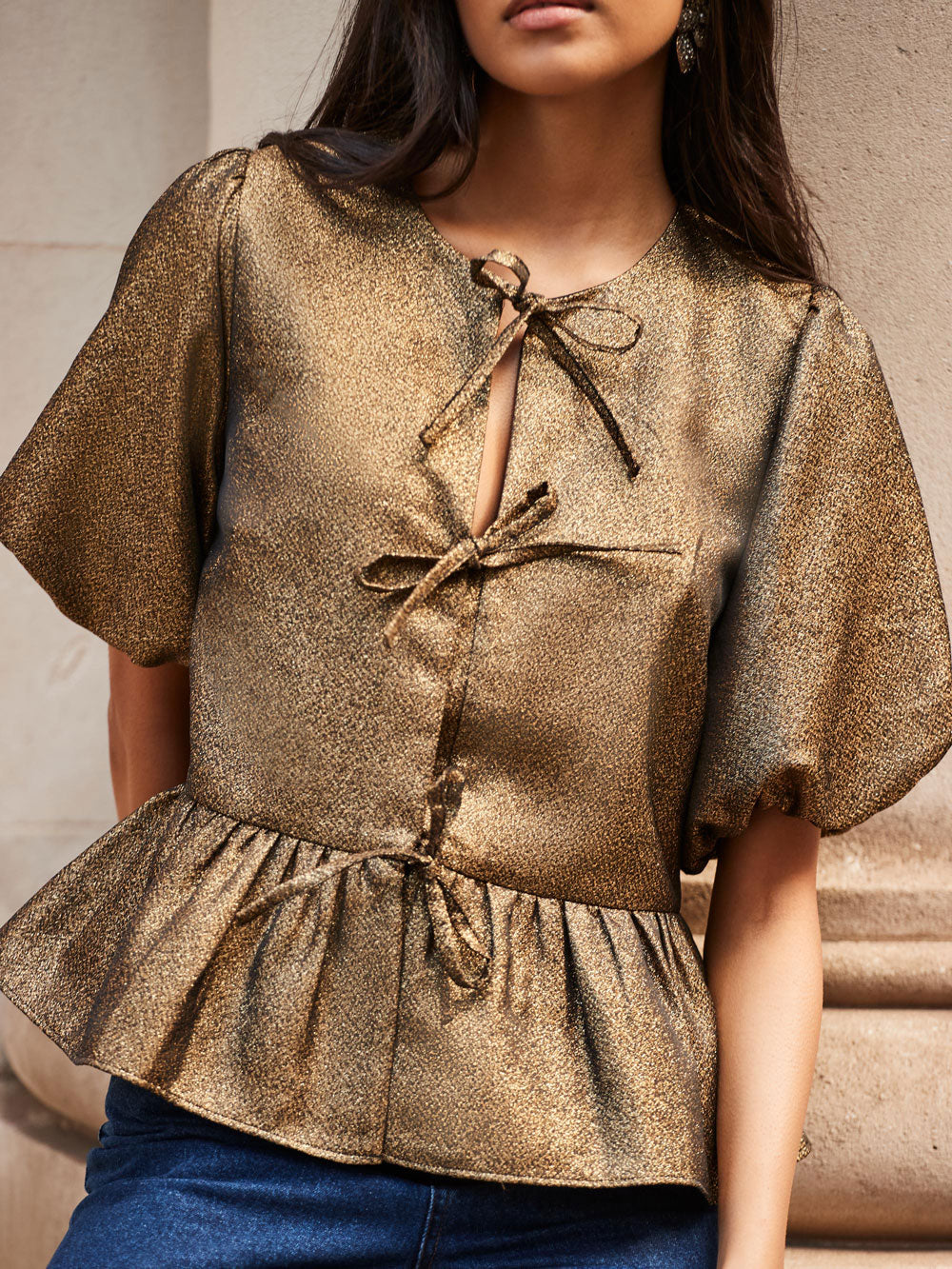 Gold Tie Front Puff Sleeve Top