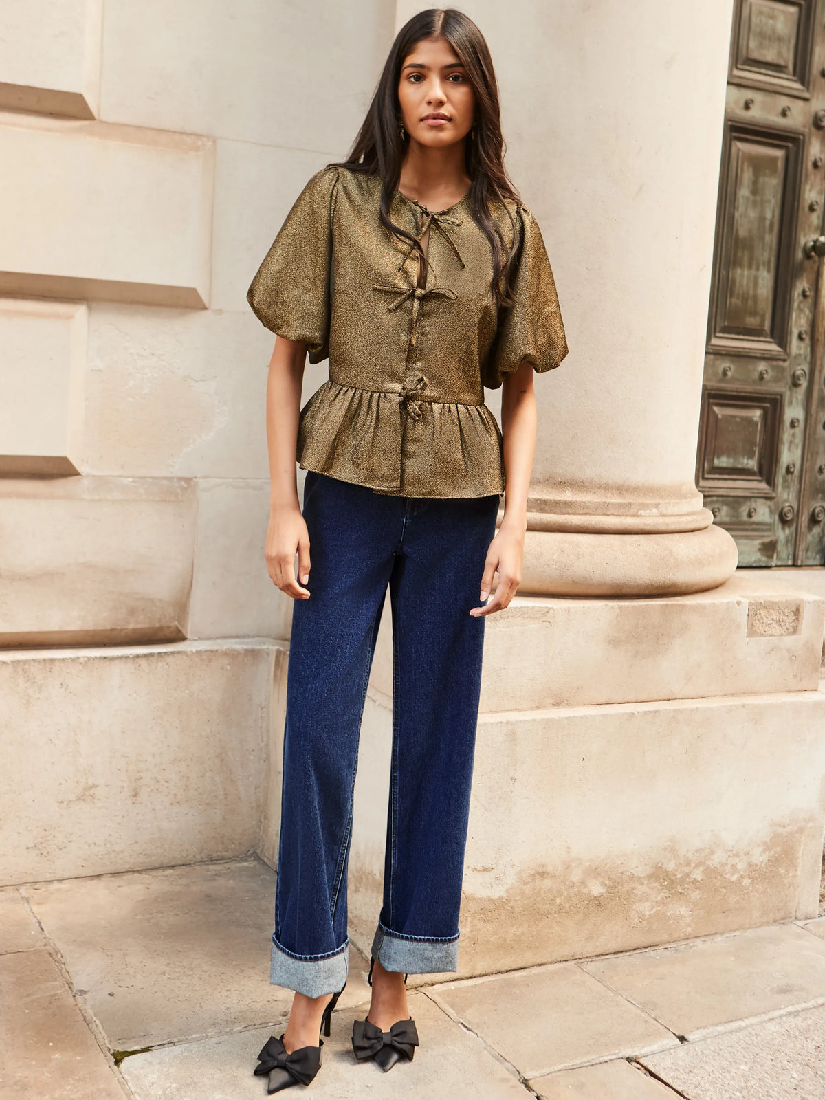 Gold Tie Front Puff Sleeve Top