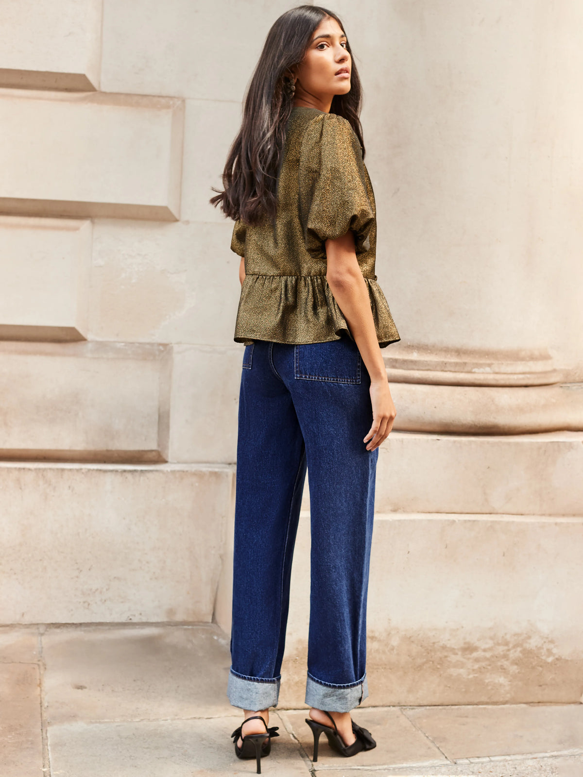 Gold Tie Front Puff Sleeve Top