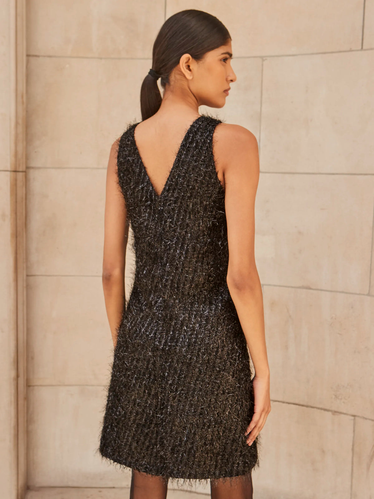 Demi Black Tinsel Deep V-Neck Mini Dress