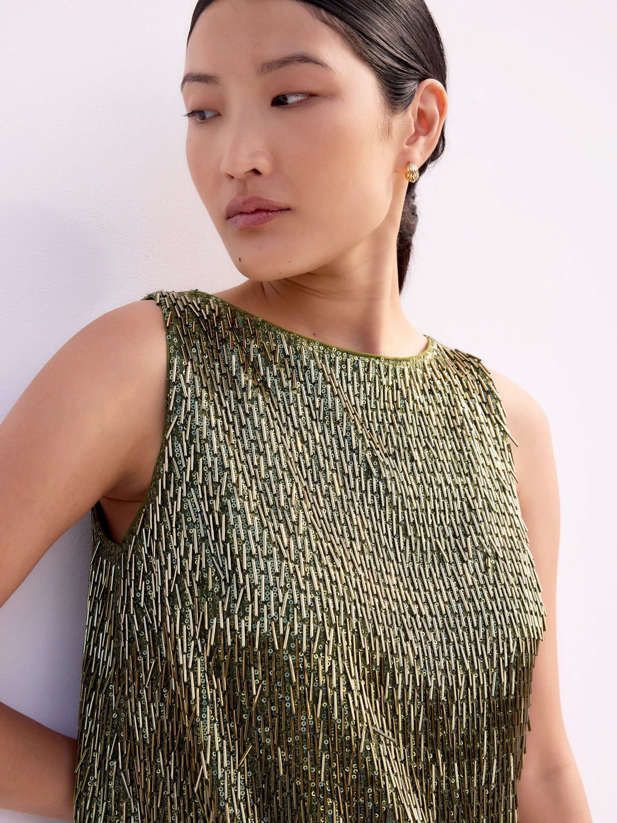 Olive-Green Sequinned Bead-Embellished Top