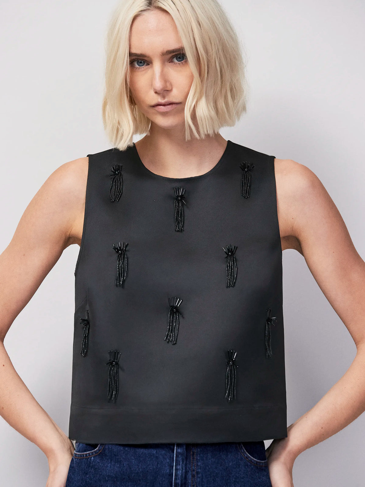 Black Embroidered Beaded Shell Top