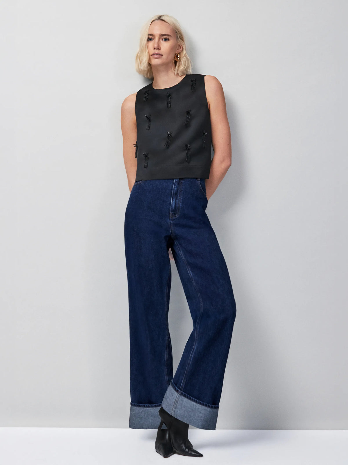 Black Embroidered Beaded Shell Top