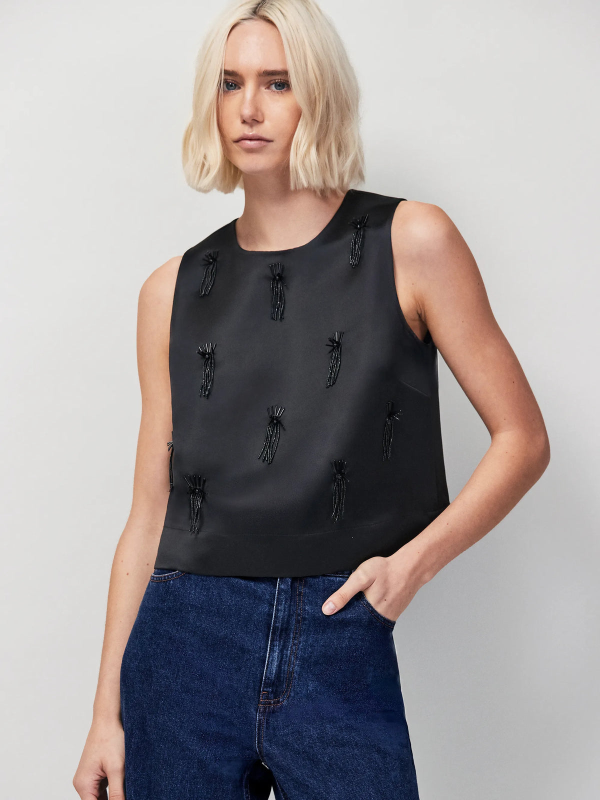 Black Embroidered Beaded Shell Top