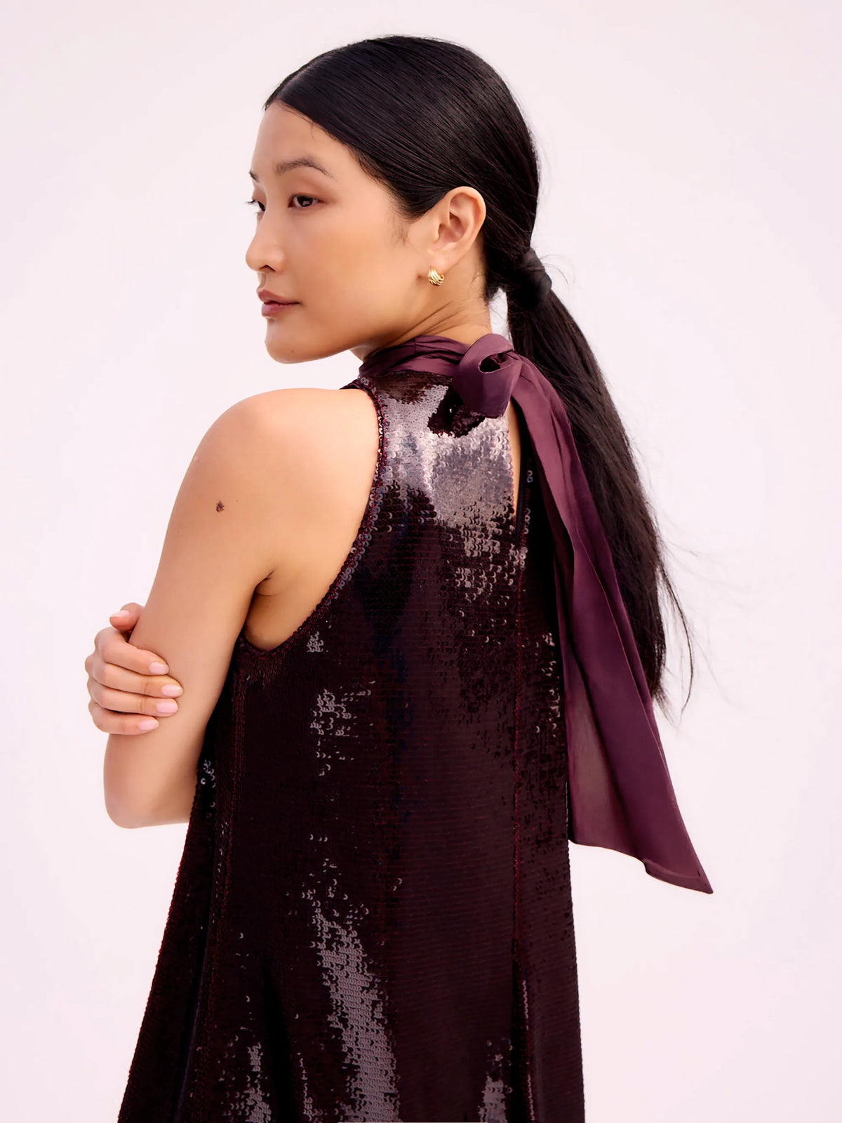Petite Freya Wine Red Sequinned Halterneck Mini Dress
