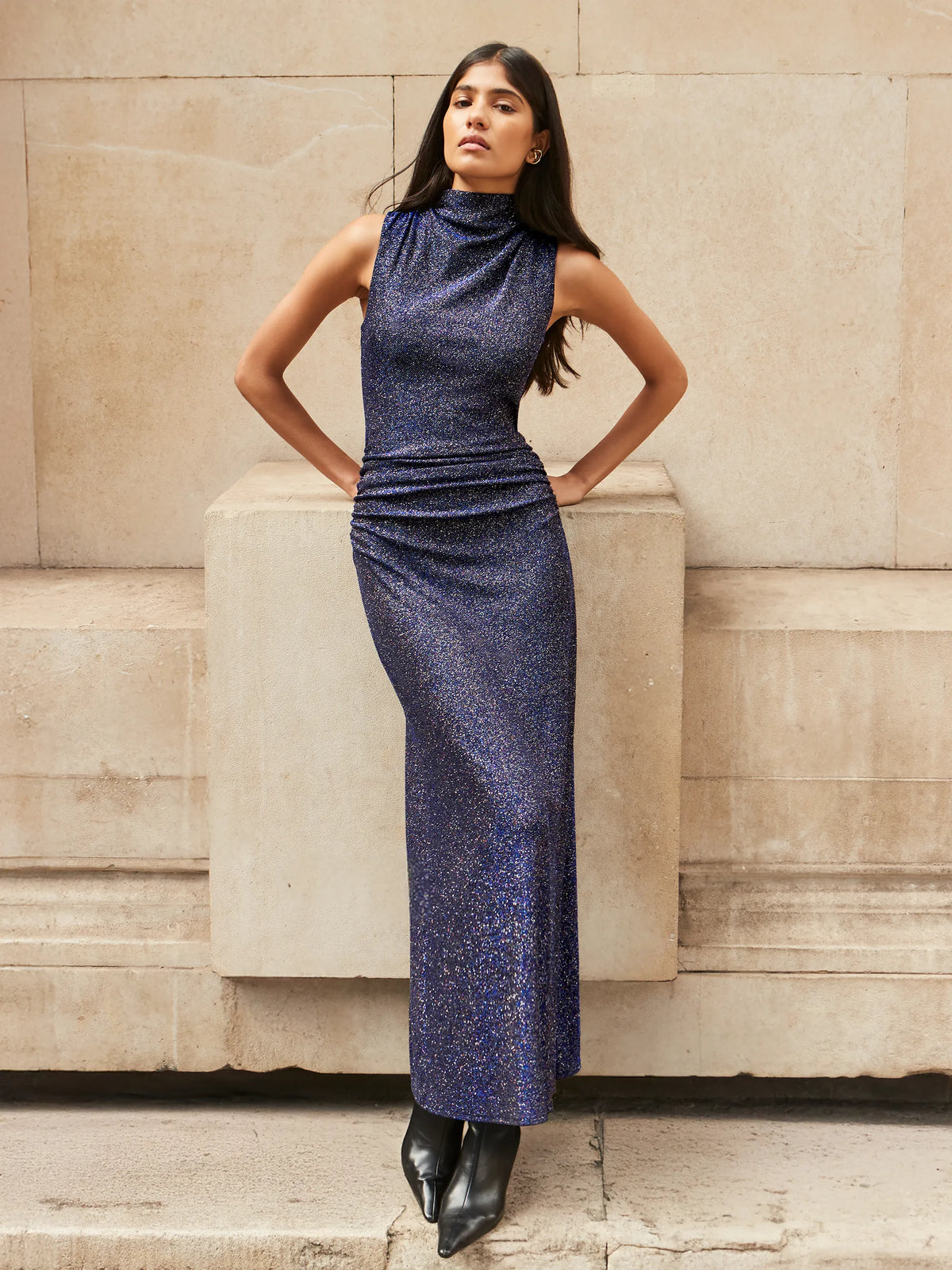 Robyn Blue Sparkle Cowl Neck Dress