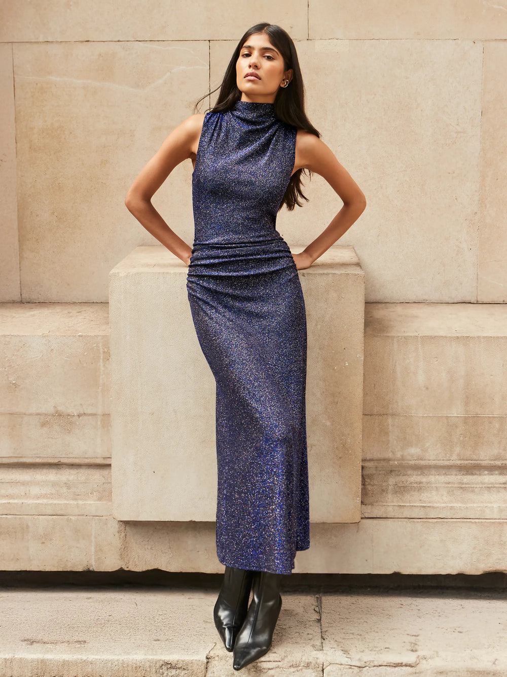 blue sparkly cowl neck dress Sequin Cowl Neck Dress in Blue