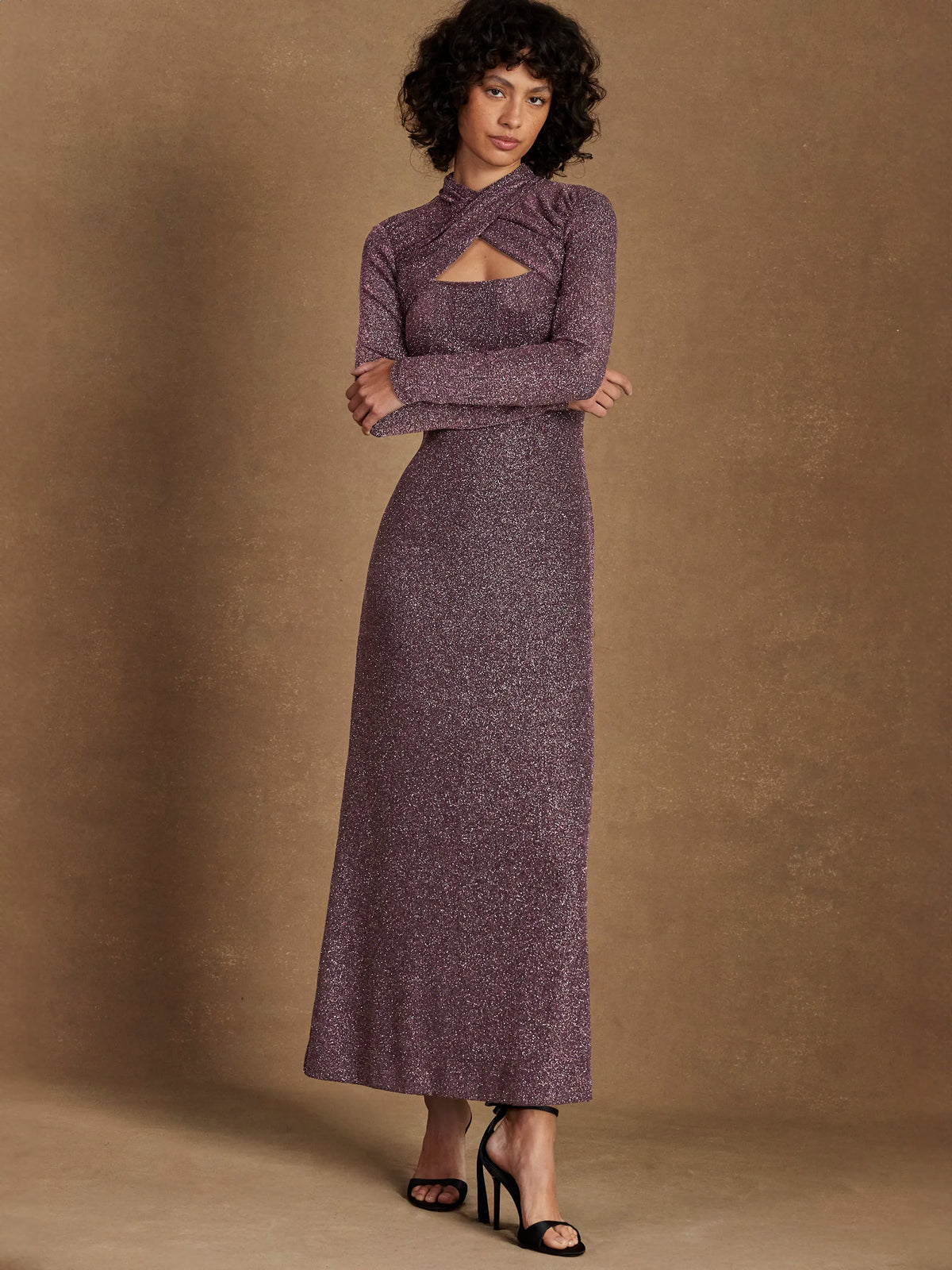 Petite Cameron Pink Sparkle Long-Sleeve Cut-Out Dress