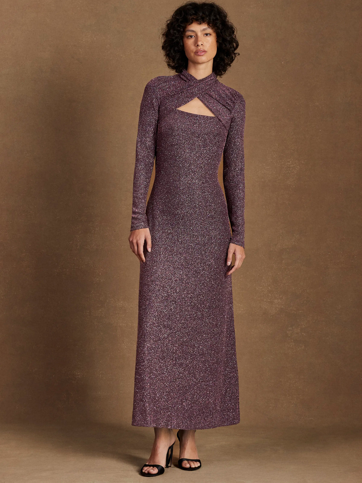 Petite Cameron Pink Sparkle Long-Sleeve Cut-Out Dress