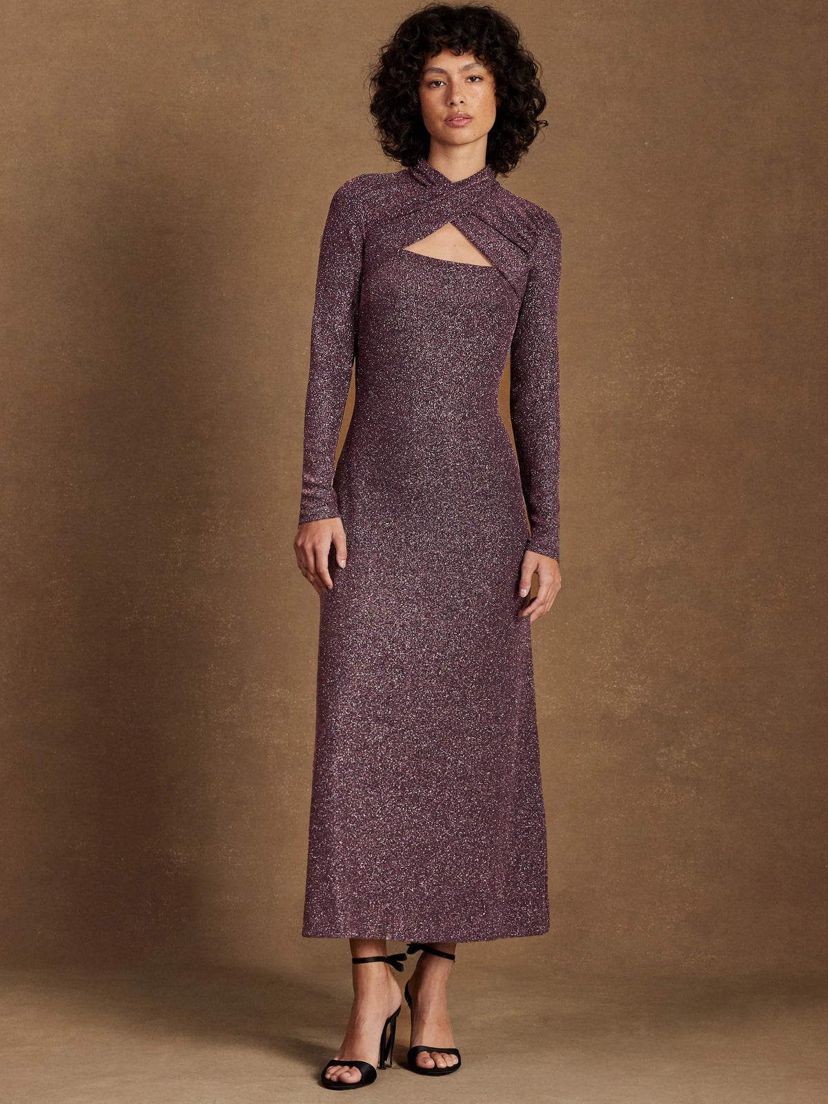 Cameron Pink Sparkle Long-Sleeve Cut-Out Dress