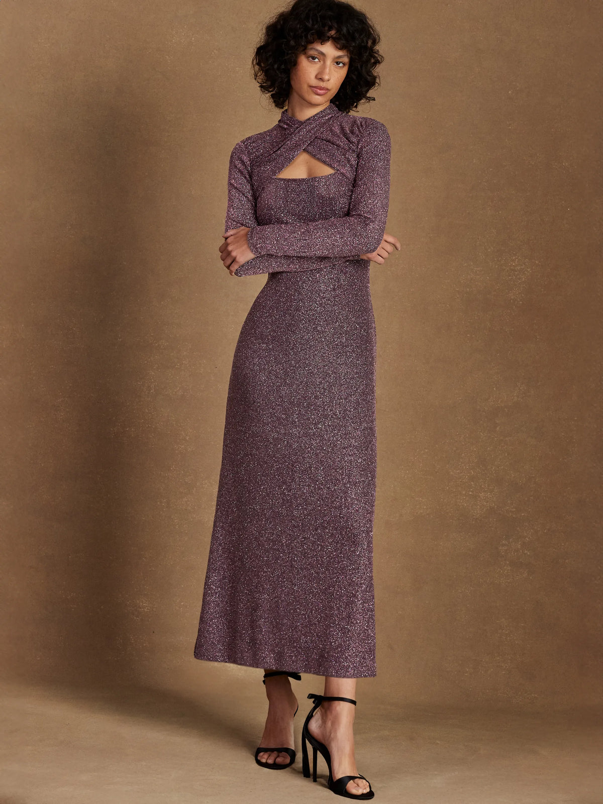 Cameron Pink Sparkle Long-Sleeve Cut-Out Dress