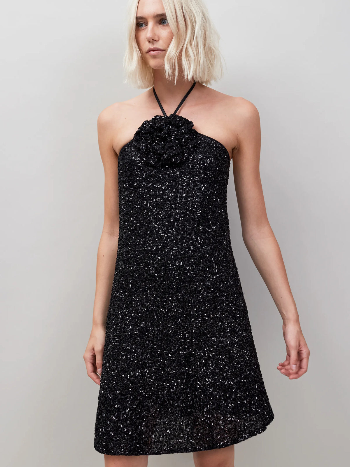 Petite Mimi Sequinned Corsage-Detail Halterneck Mini Dress