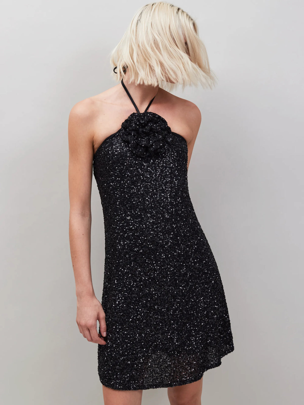Petite Mimi Sequinned Corsage-Detail Halterneck Mini Dress