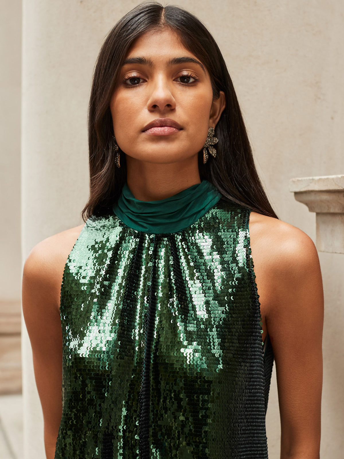 Petite Freya Emerald Green Sequinned Halterneck Dress