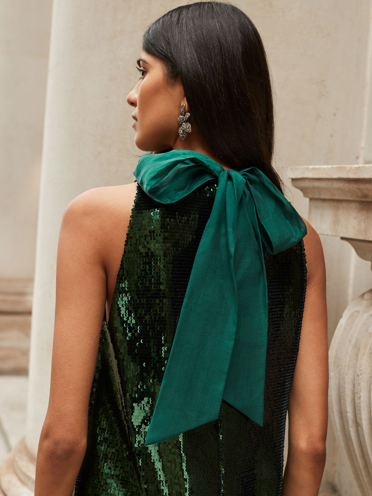 Petite Freya Emerald Green Sequinned Halterneck Dress