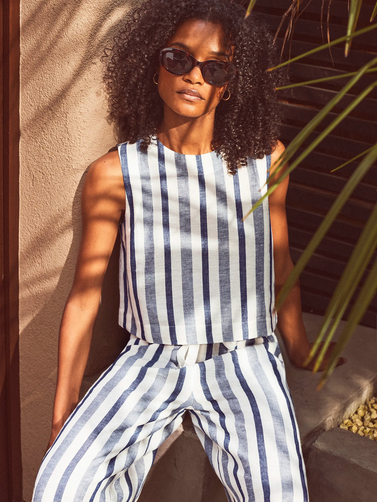 Blue Stripe Linen Blend Shell Top