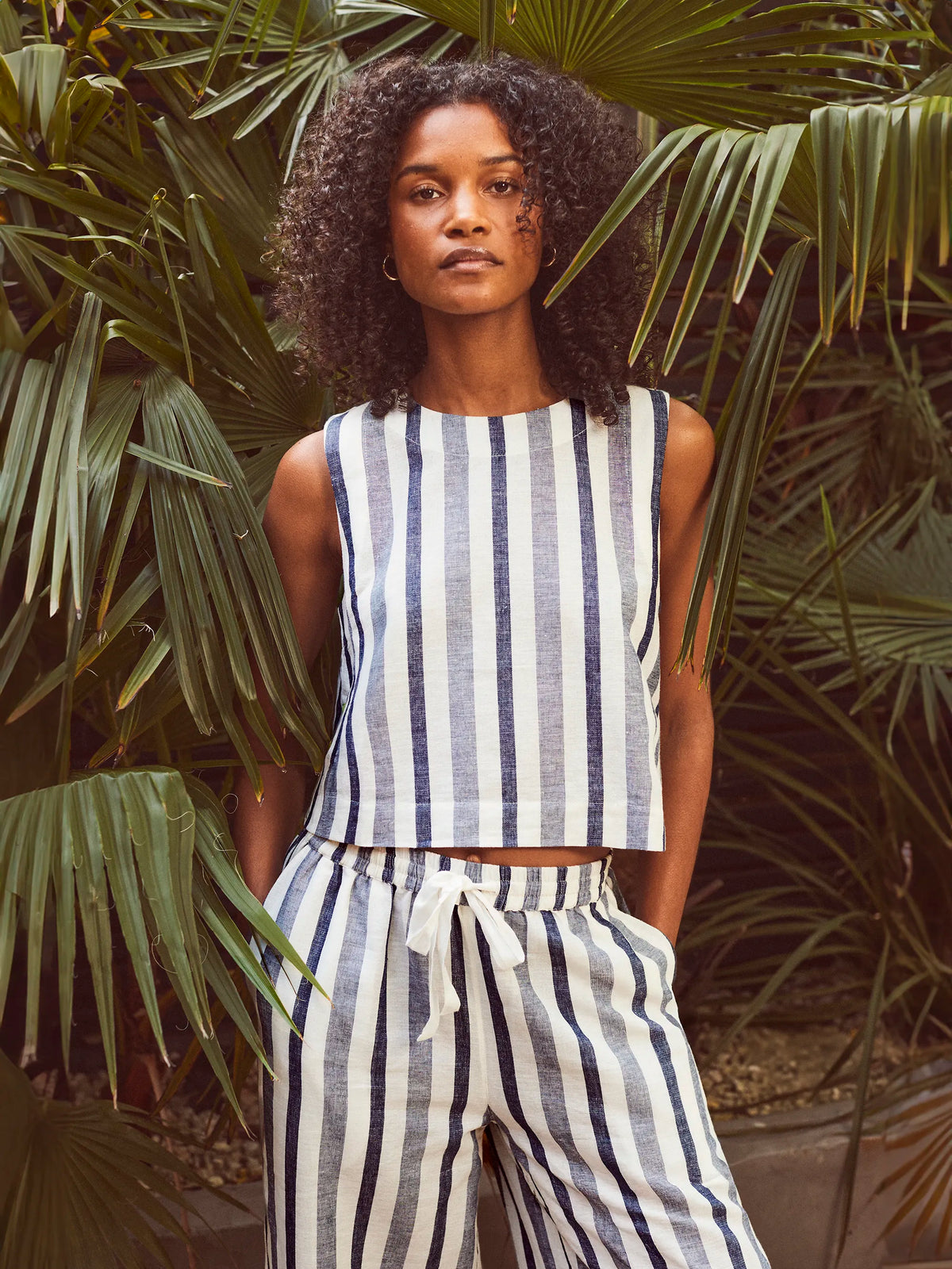 Blue Stripe Linen Blend Shell Top