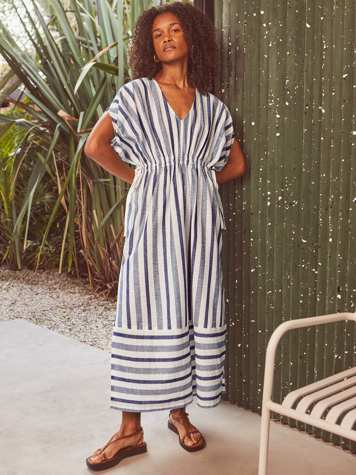 Blue Stripe Linen Blend Tie Waist Dress – Ro&Zo