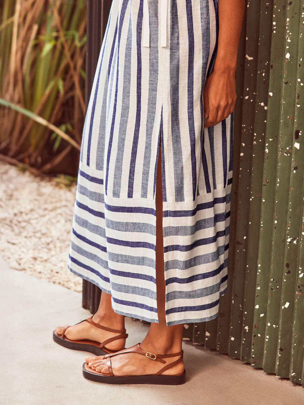 Blue Stripe Linen Blend Tie Waist Dress