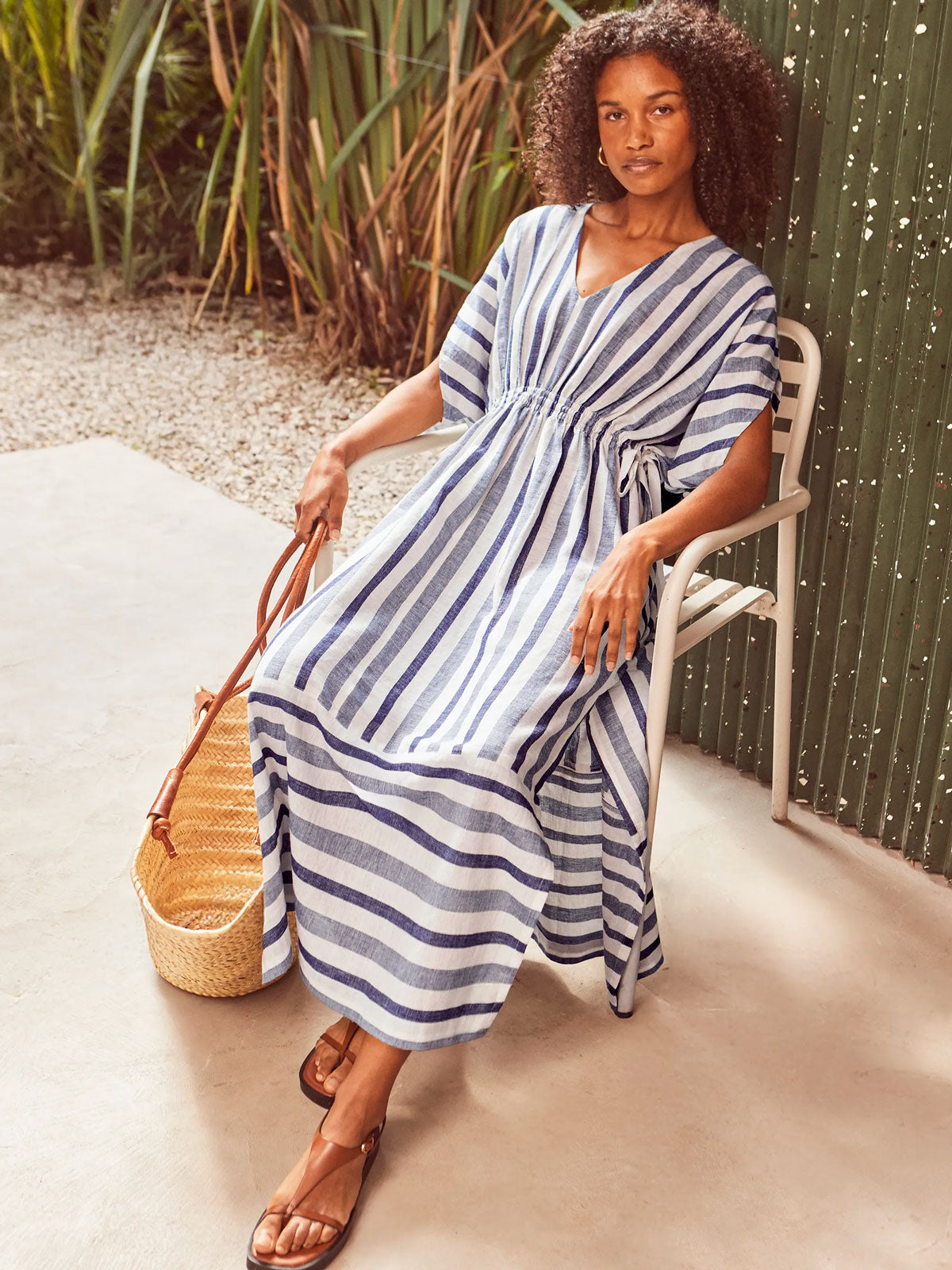 Petite Blue Stripe Linen Blend Tie Waist Dress