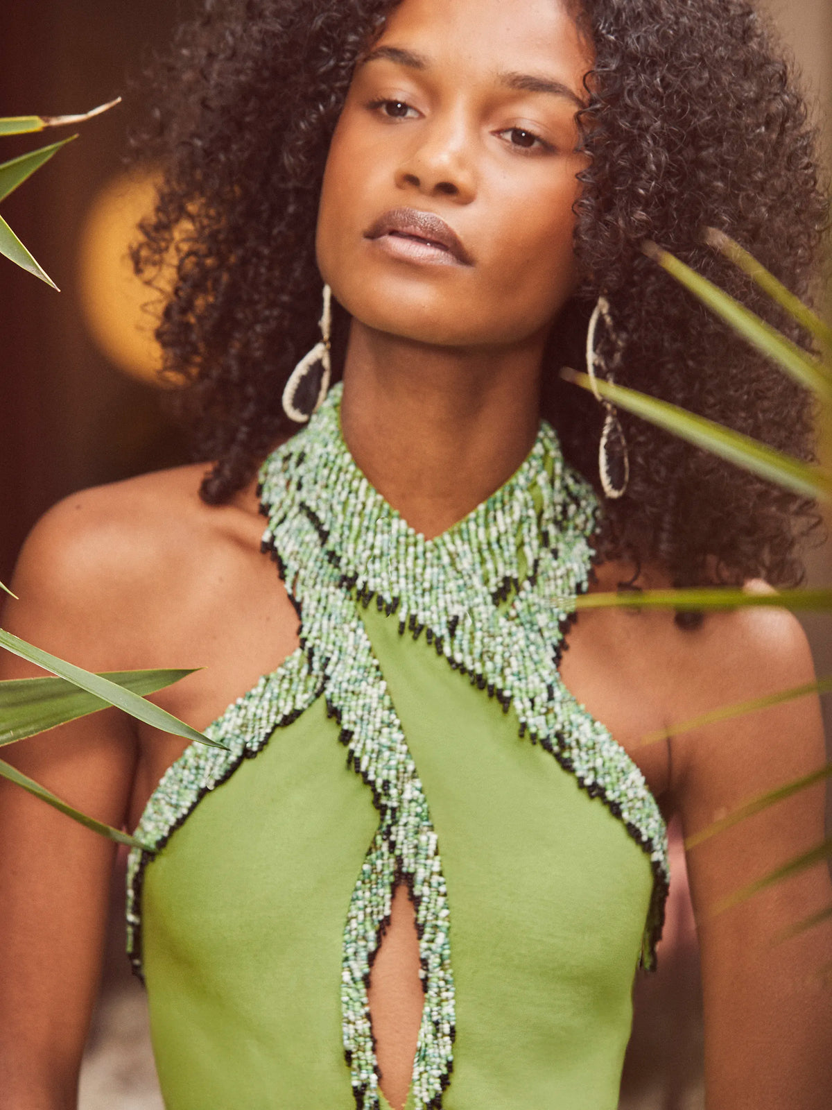 Green Halter Bead-Fringe Linen Blend Dress