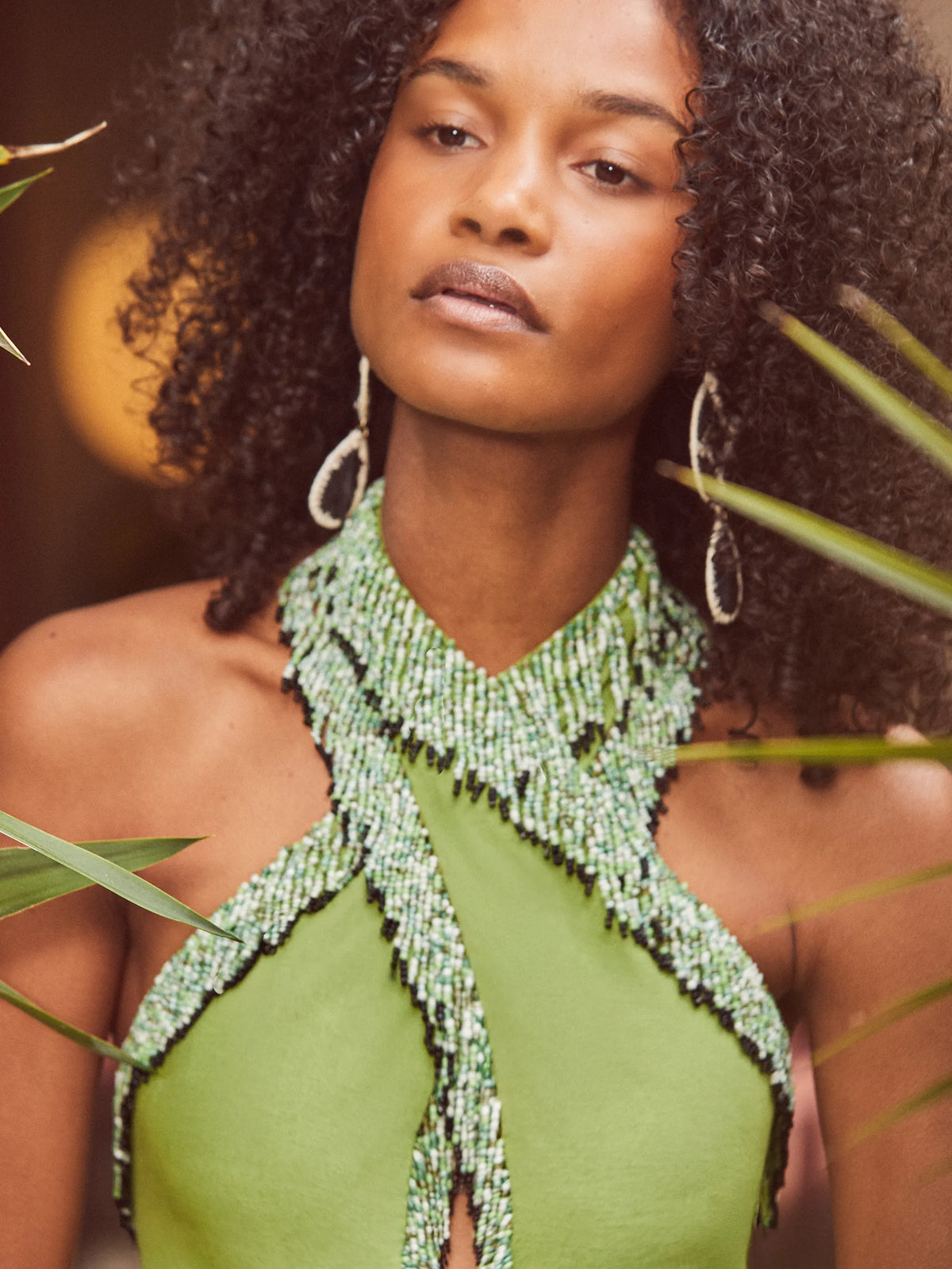 Green Halter Bead-Fringe Linen Blend Dress