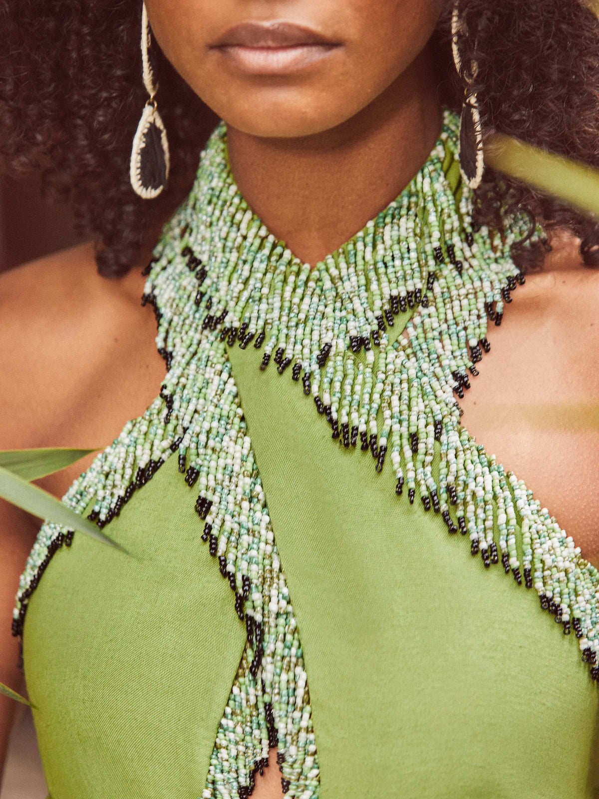 Green Halter Bead-Fringe Linen Blend Dress