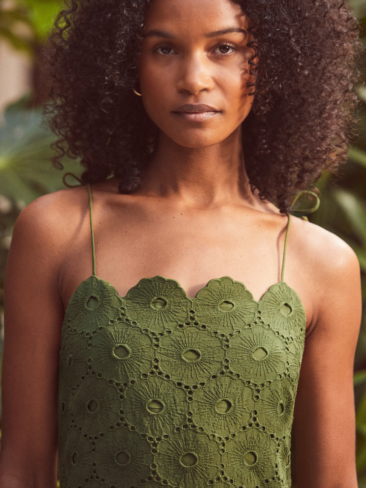 Petite Olive Broderie Tie Shoulder Dress