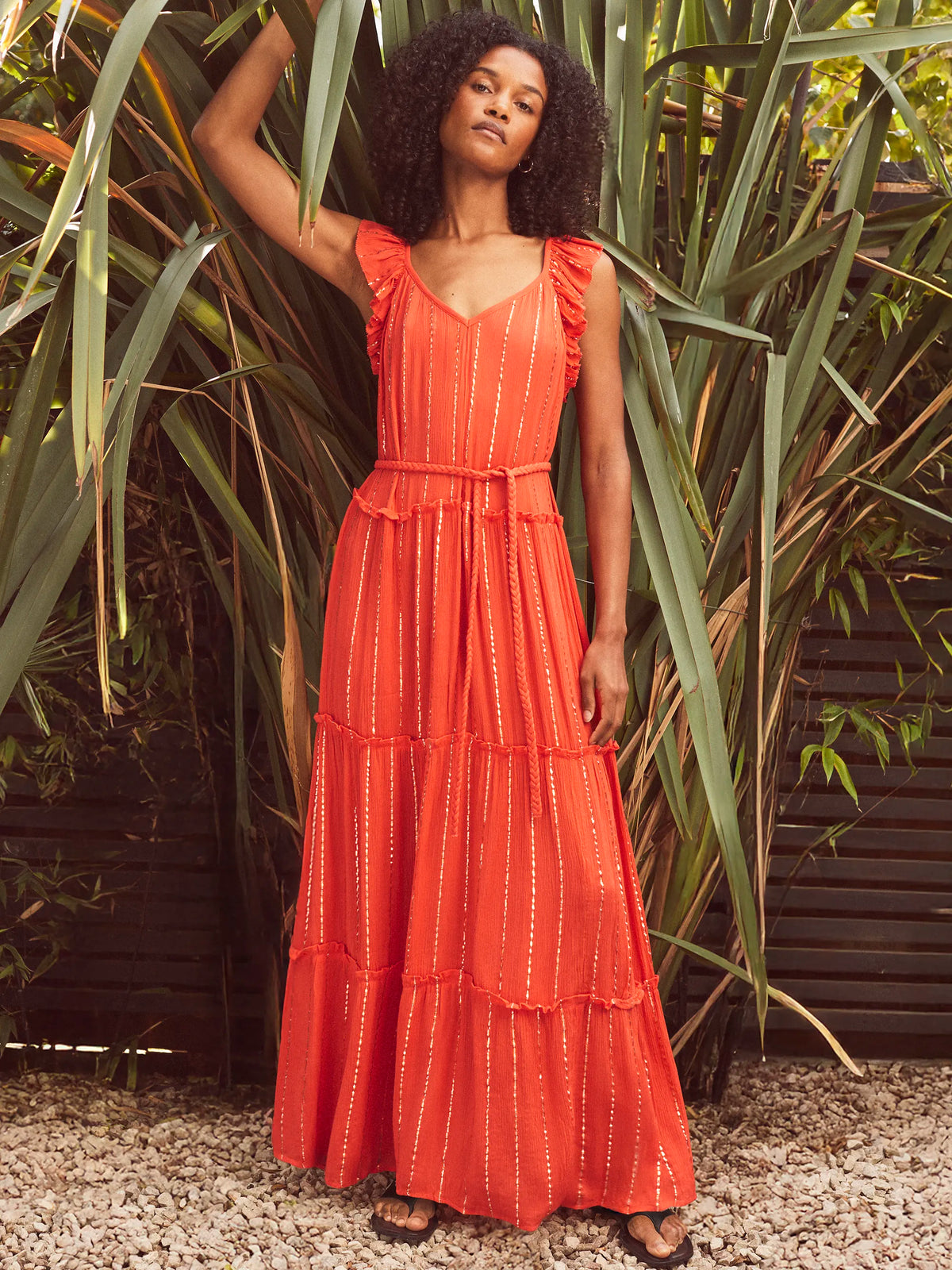 Coral Lurex Tiered Maxi Dress