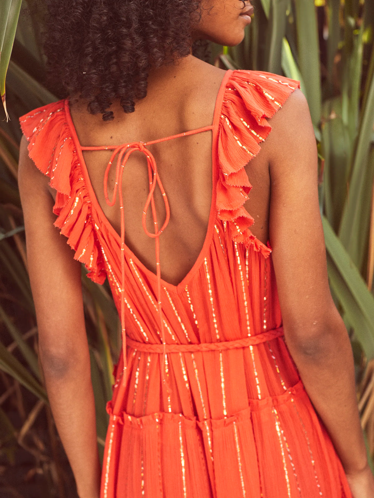 Coral Lurex Tiered Maxi Dress
